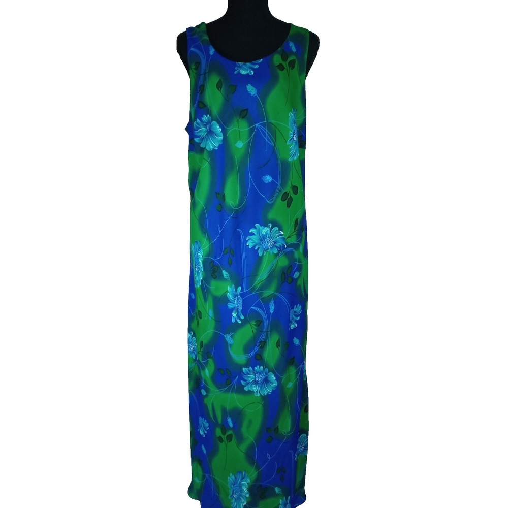 RAG Floral Blue Green Maxi Dress Vintage Style 18W Sleeveless Lined 370691F